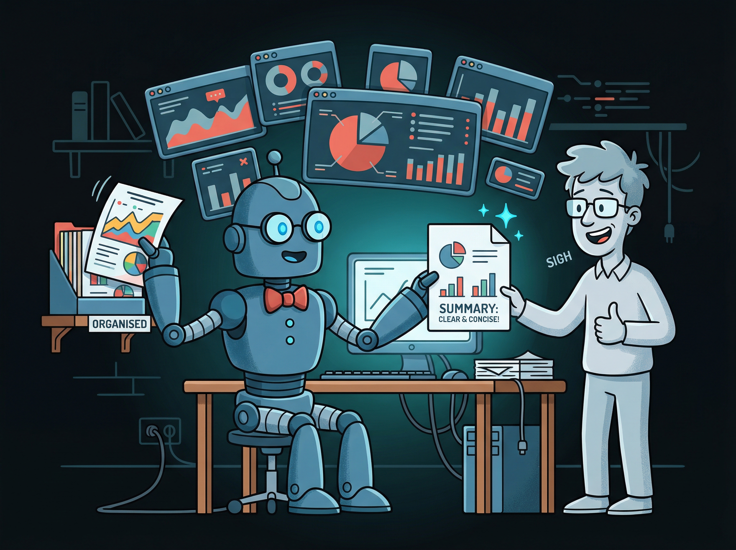 Illustration of a robot and person collaborating on data dashboards and reports